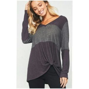 .Colorblock V-neck Brush Knit Top